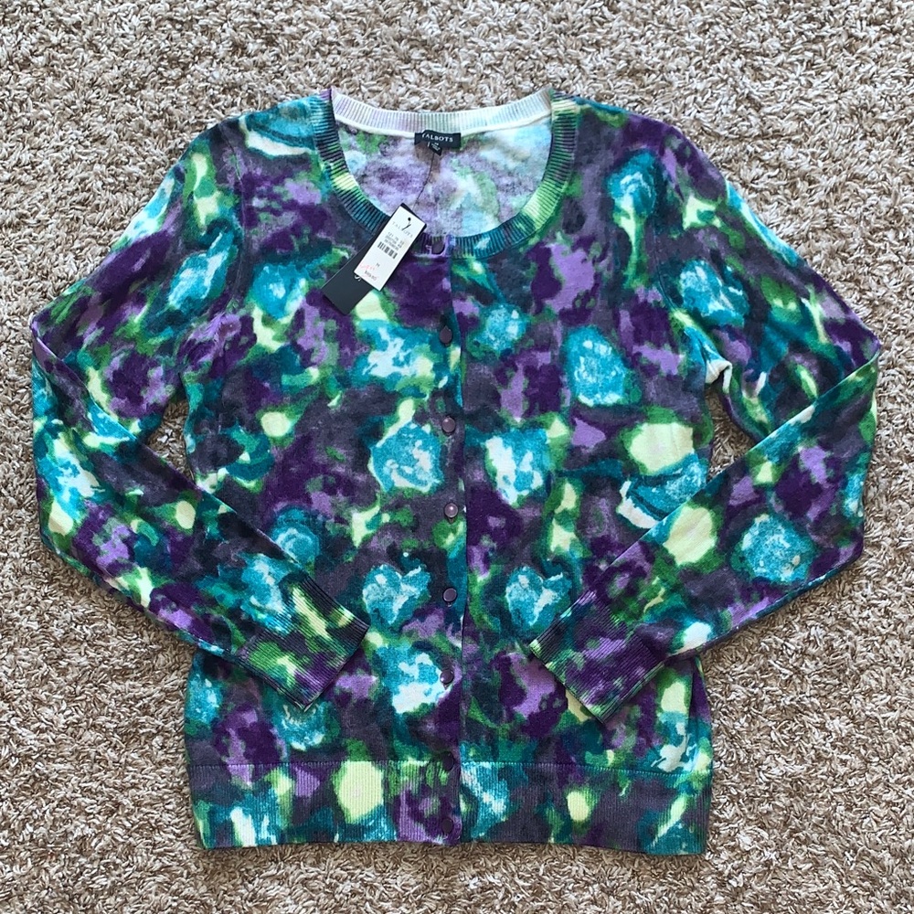 NWT Talbots Purple, Blue & Green Abstract Floral Crewneck Button Cardigan Medium